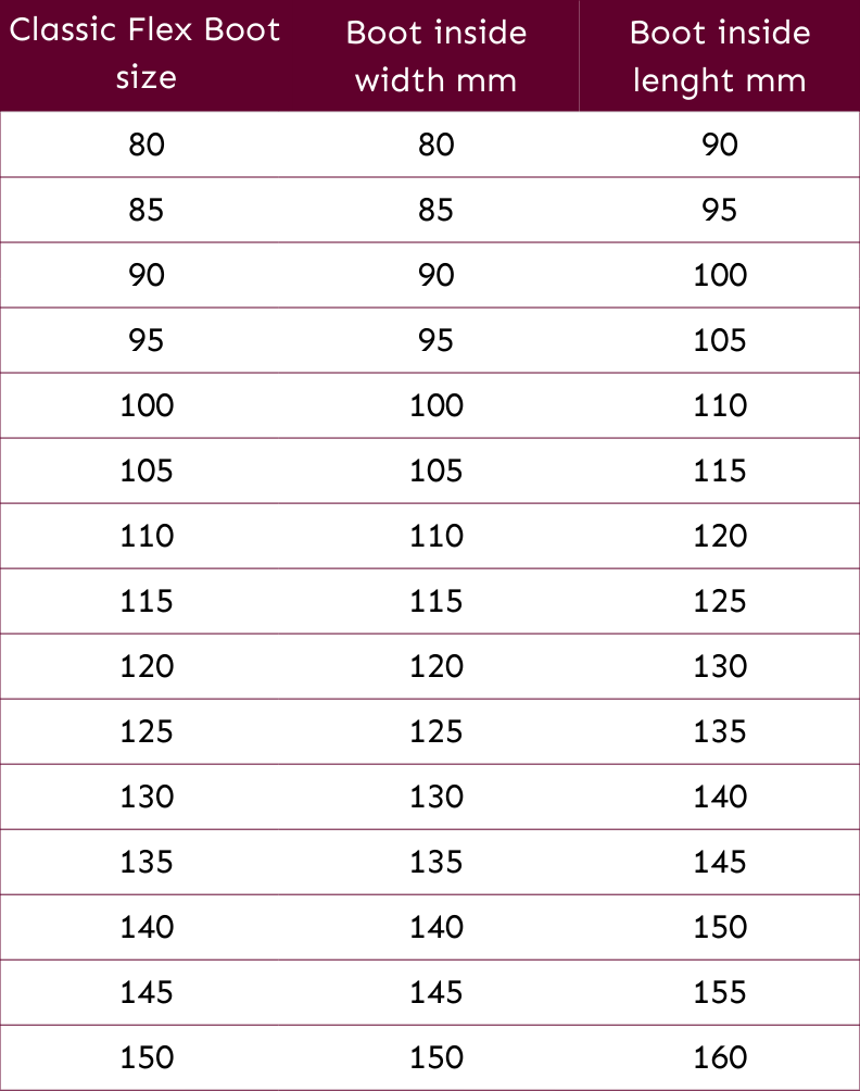 01. Flex Boot Classic size chart